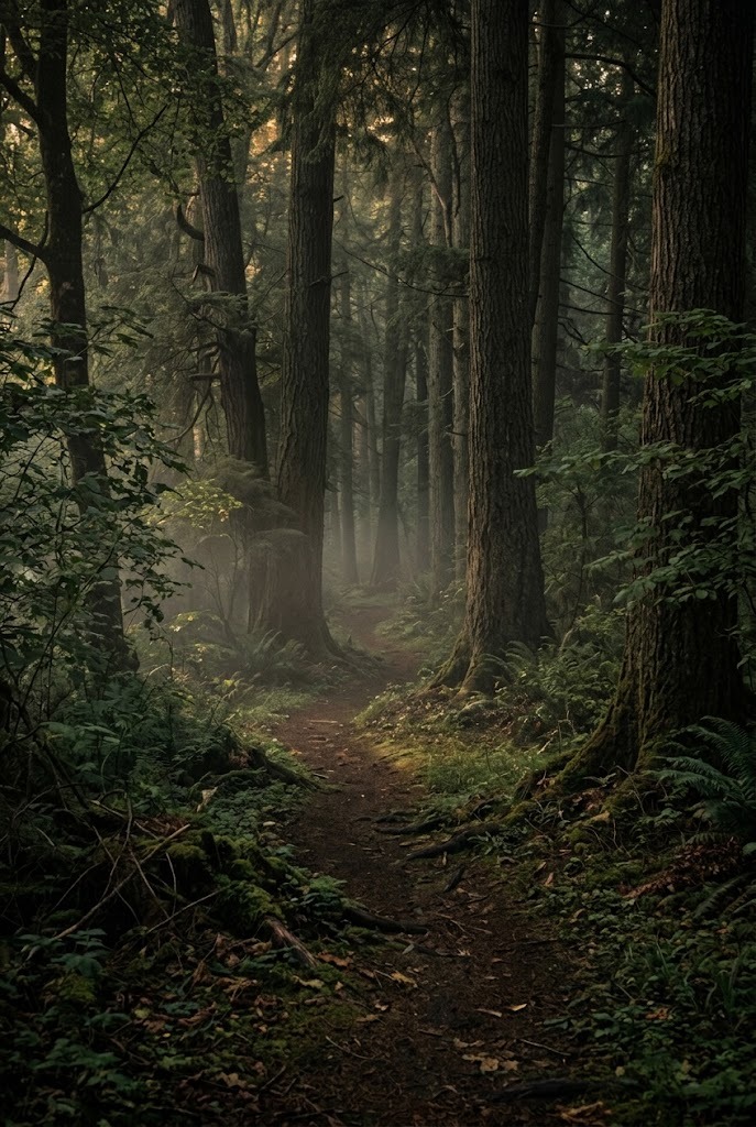 Enchanting dark forest path in mist aesthetic 4K wallpaper