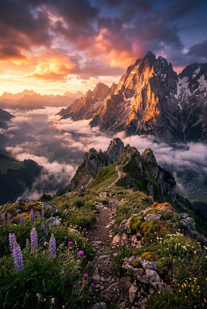 Mountain ridge sunset with aesthetic clouds floating in golden sky