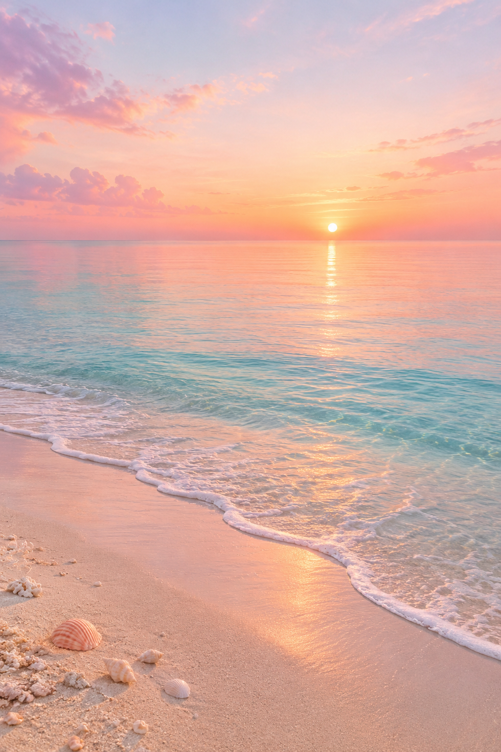 Pastel aesthetic beach wallpaper at sunrise with soft sea foam