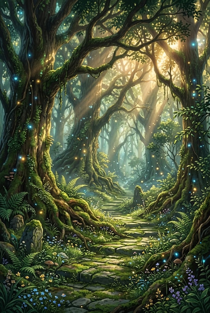 Anime fantasy forest path with magical light fairies and mossy trees aesthetic wallpaper