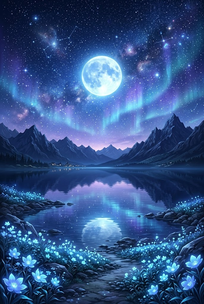 Anime fantasy moon mountain lake aurora with glowing flowers wallpaper