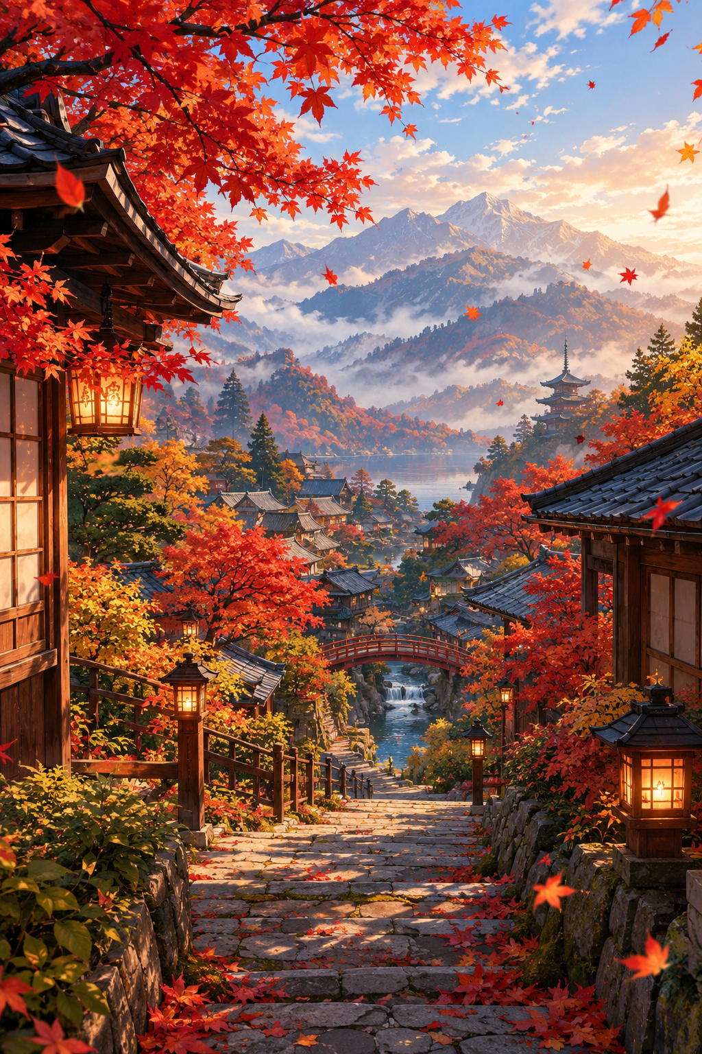 Anime Japanese village in autumn with red maple trees and mountain scenery wallpaper