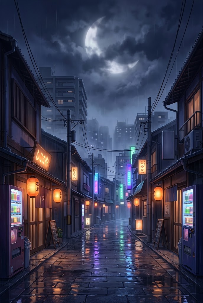 Anime night street rainy aesthetic wallpaper with umbrella reflections