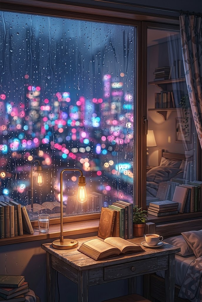 Cozy rainy night window with books desk city lights bokeh anime aesthetic wallpaper