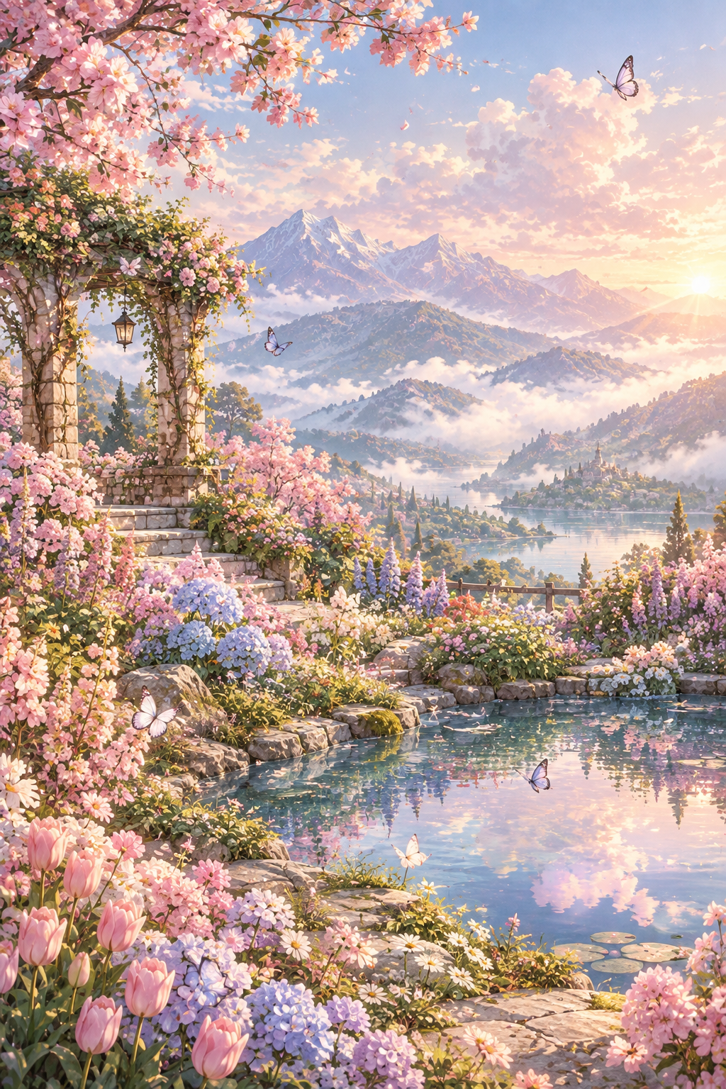 Pastel anime flower garden spring aesthetic wallpaper with soft sunshine