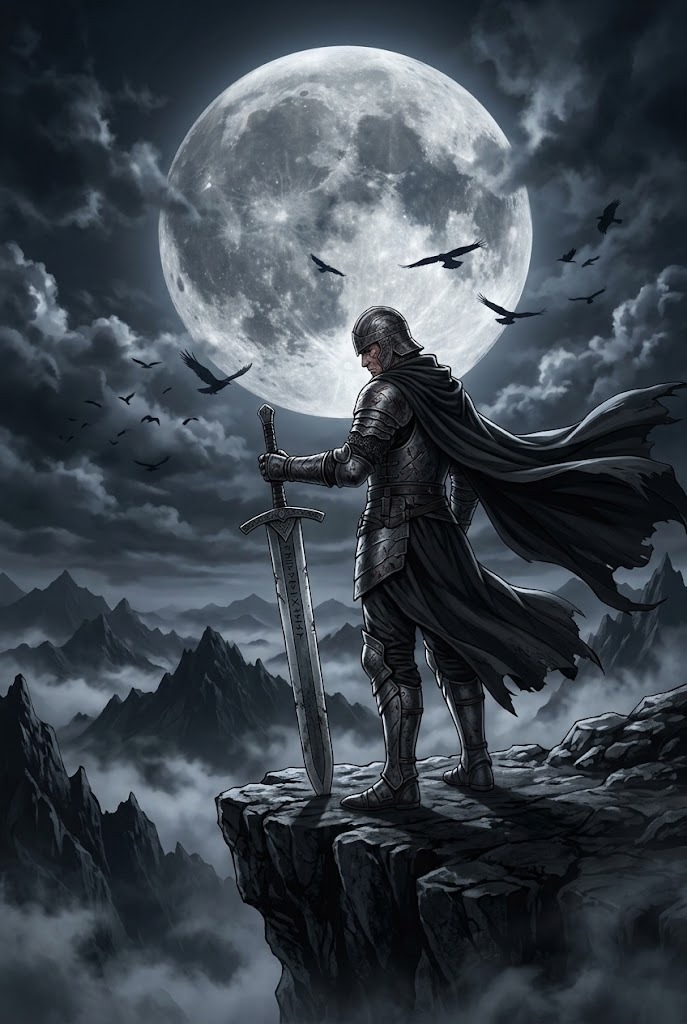 Berserk Guts in gothic armor overlooking mountain dark fantasy wallpaper