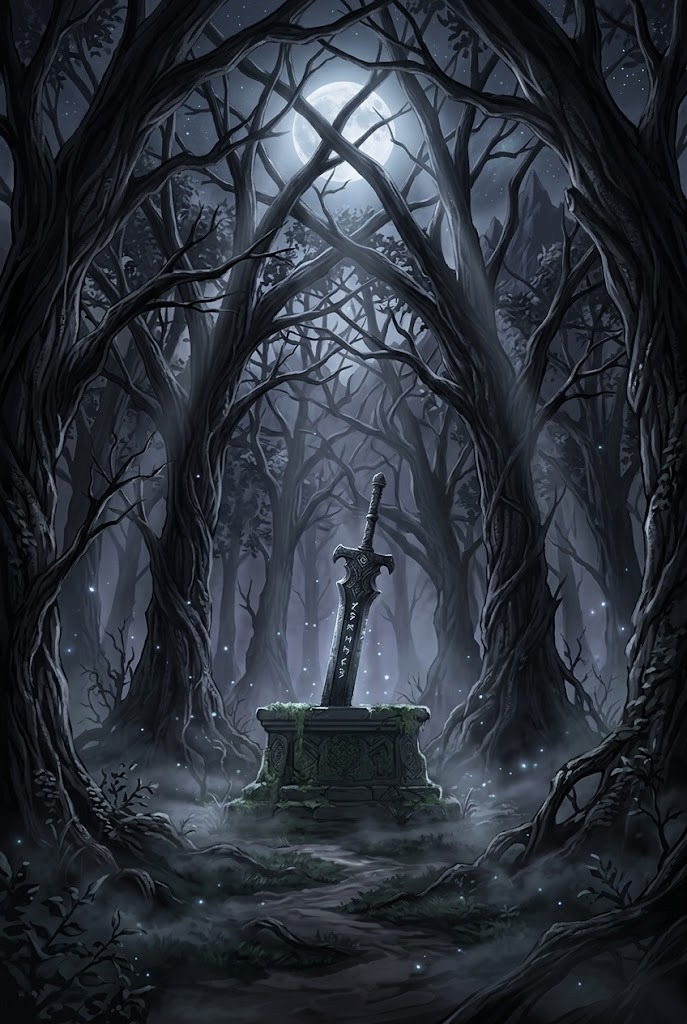 Berserk giant sword altar in mystical dark forest wallpaper
