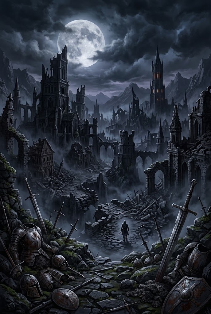 Dark fantasy castle ruins in 4K resolution wallpaper