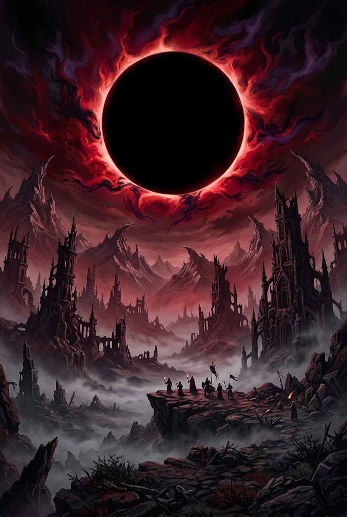 Dark fantasy eclipse over gothic ruins wallpaper Berserk aesthetic