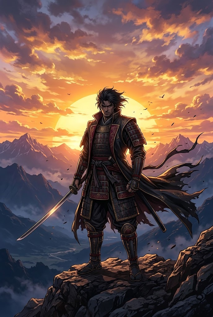 Anime samurai warrior at sunset in mountain aesthetic 4K wallpaper