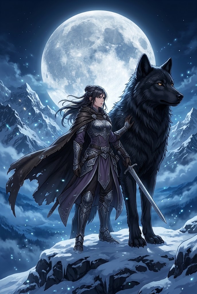 Anime warrior girl with giant wolf companion under glowing moon wallpaper