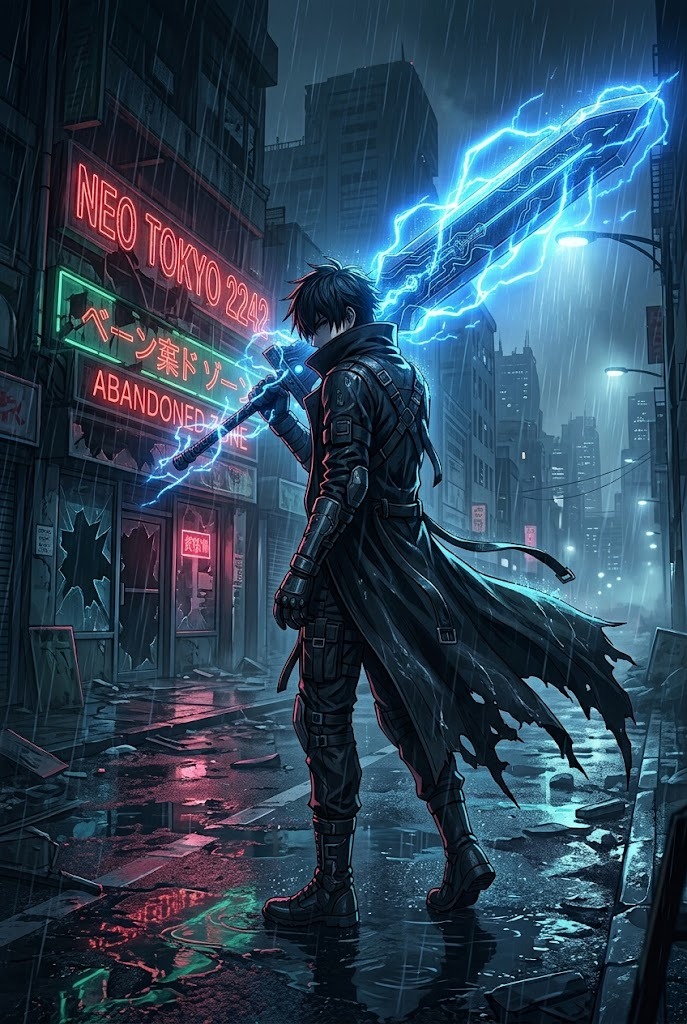 Cyberpunk anime swordsman standing in neon city rain wallpaper
