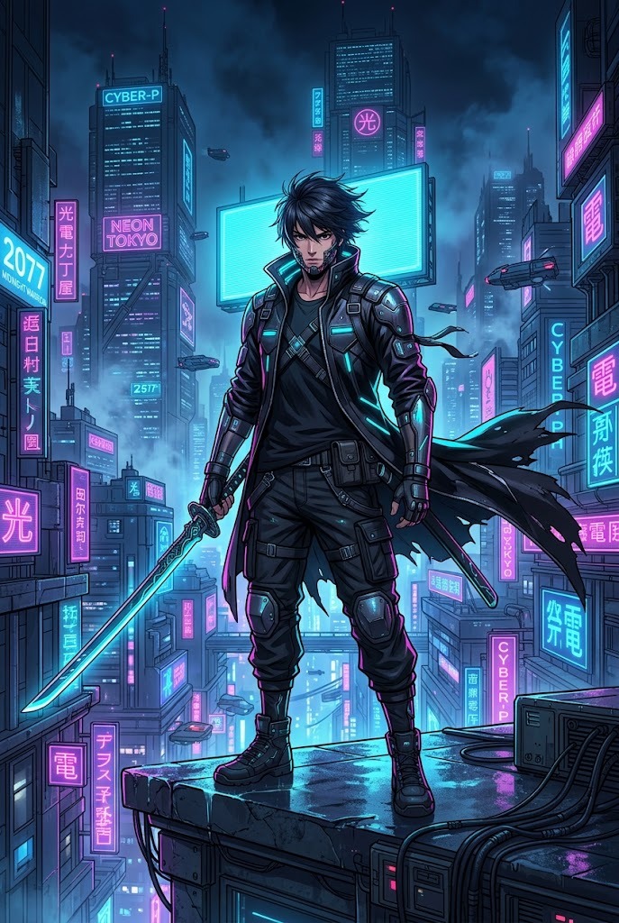 Cyberpunk anime warrior overlooking neon city wallpaper 4K
