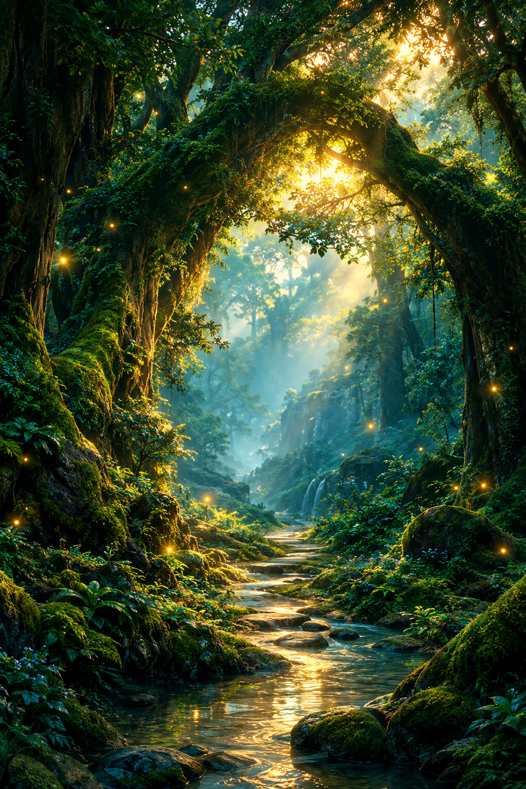 Cool enchanted forest wallpaper art with glowing flora and magical light