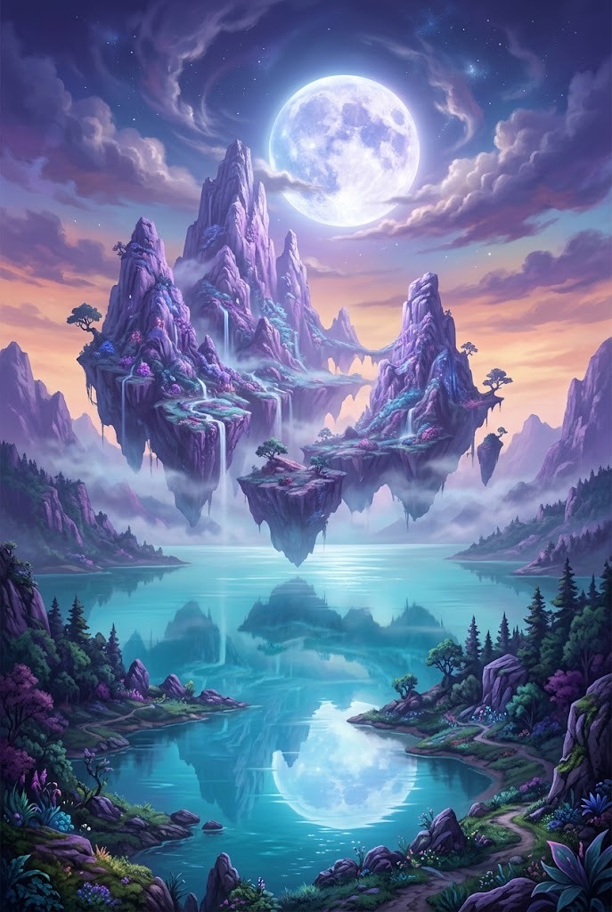 Ethereal floating mountains in dreamy moonlight phone wallpaper