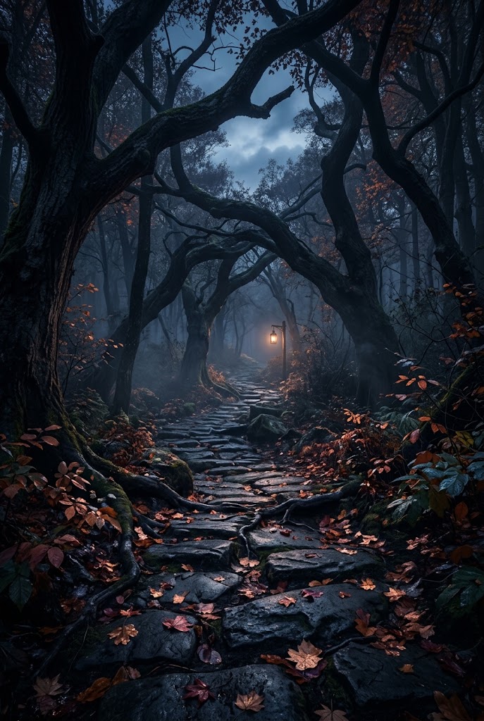 Dark aesthetic autumn forest stone pathway moody wallpaper for iPhone