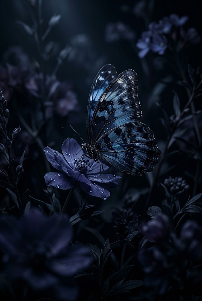 Dark aesthetic blue butterfly on night floral phone wallpaper OLED