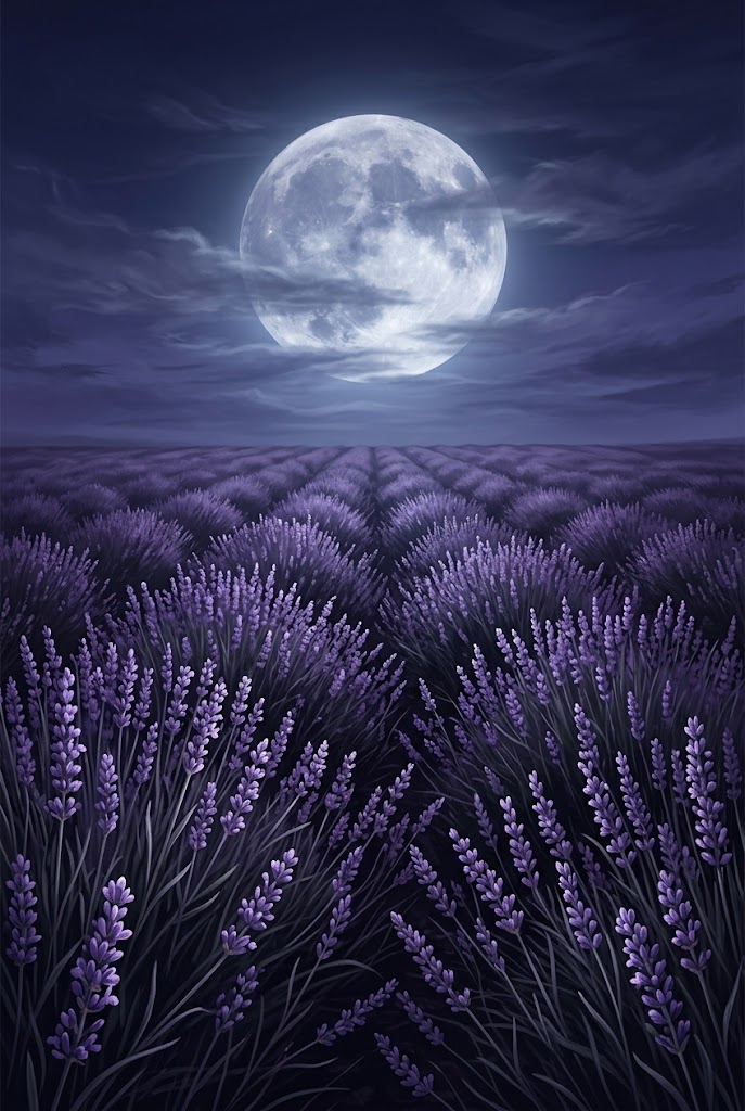 Dark aesthetic lavender field in moonlight night wallpaper for iPhone