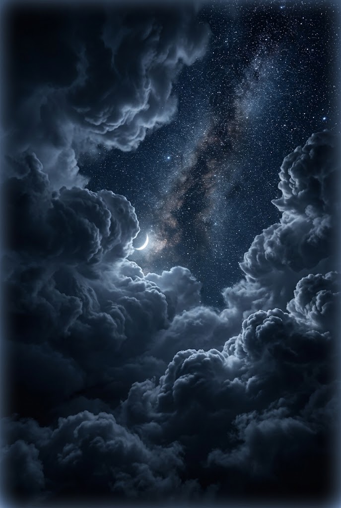 Dark aesthetic night sky with clouds stars and crescent moon wallpaper