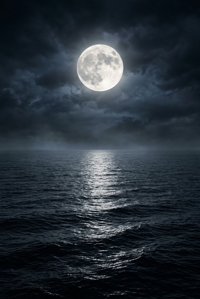 Dark aesthetic ocean with full moon night sea wallpaper for iPhone lock screen