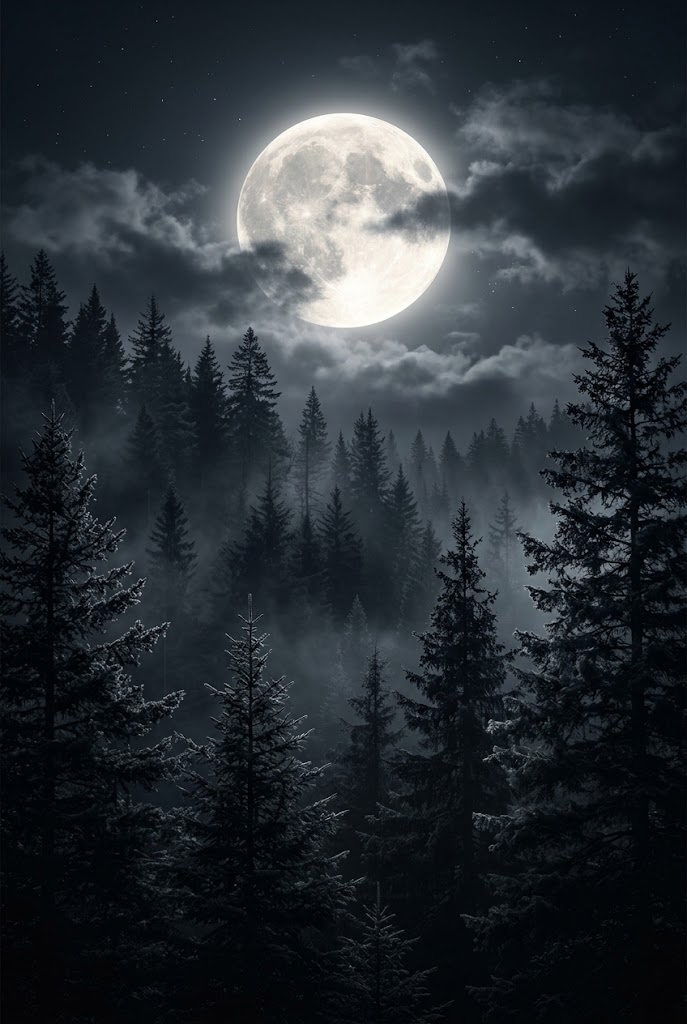 Moody dark full moon forest night landscape wallpaper for iPhone