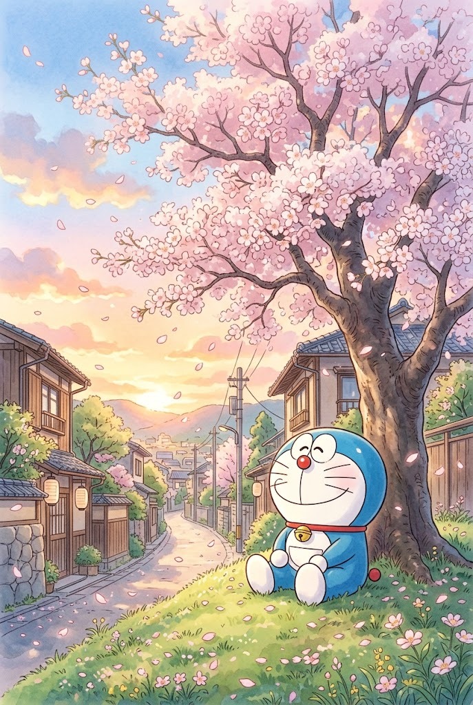 Aesthetic Doraemon sitting beneath cherry blossom trees at sunset anime wallpaper