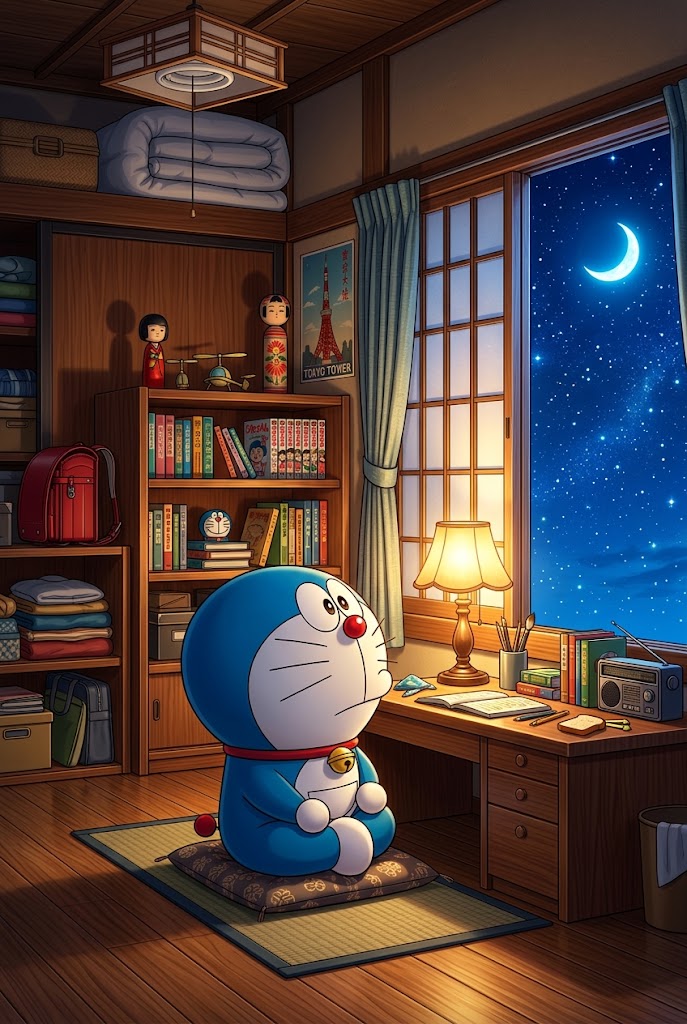 Doraemon and Nobita cozy room at night aesthetic anime wallpaper
