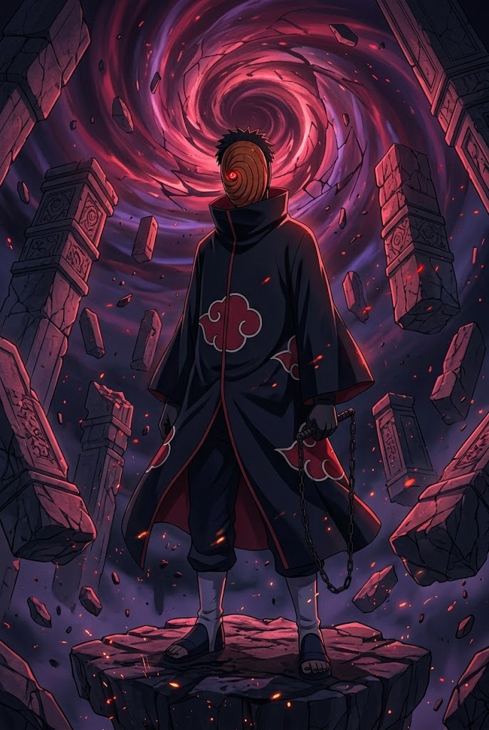 Obito Uchiha in Kamui pocket dimension with floating stone pillars 4K wallpaper
