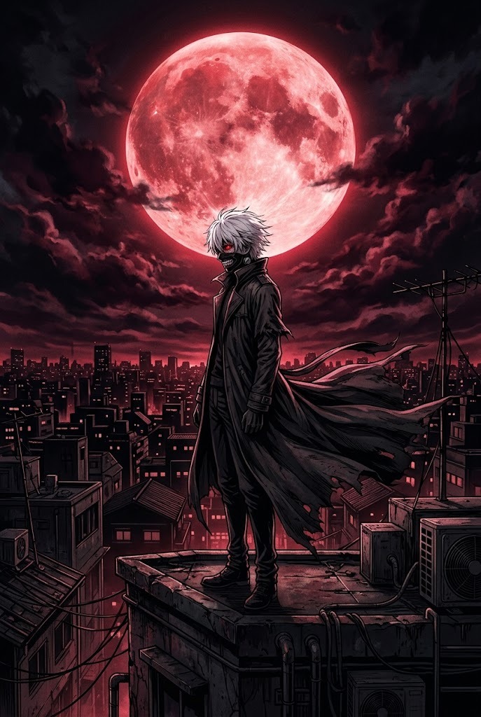 Dark anime aesthetic white hair ghoul 4K wallpaper with crimson eye