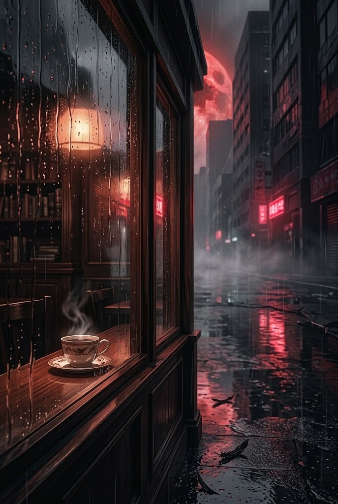 Dark anime coffee shop Anteiku rainy aesthetic wallpaper