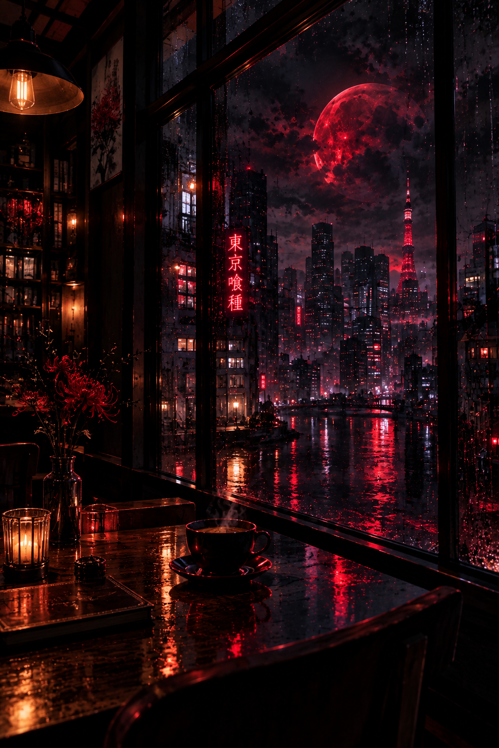 Tokyo Ghoul cafe interior looking out at red moon anime wallpaper