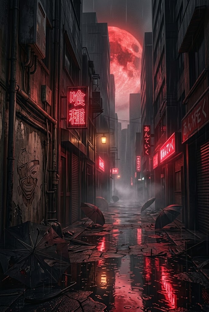 Tokyo Ghoul rainy neon alley aesthetic wallpaper with umbrella reflections
