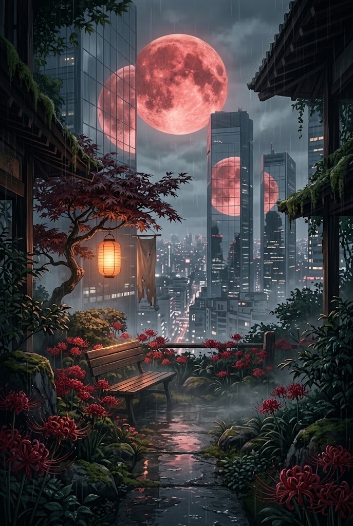 Tokyo skyline rooftop garden with red moon wallpaper aesthetic